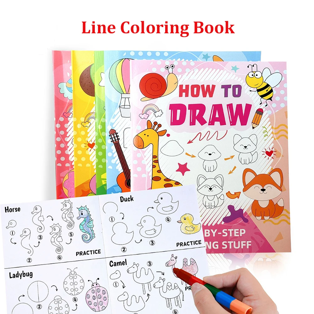 24 page basic line coloring book, step-by-step teaching, fun graffiti, multiple options for animal and transportation