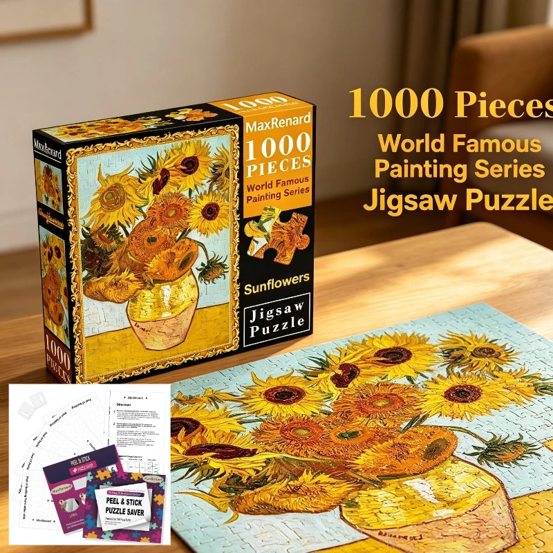 6pcs Self-Adhesive sheets 1000 Pieces Classic Sunflower Jigsaw Puzzle Gift Set, 26.75x19.25 Inch Cardboard Puzzle with 6Pc