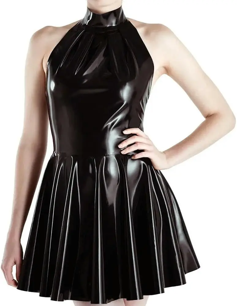

Sexy Latex Women Halter Backless A-line Dress Rubber Sleevlesss Pleated Mini Dress
