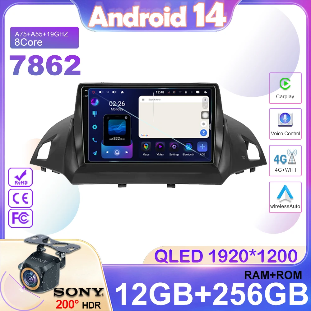 

Car DVD Android 14 For Ford C-MAX Kuga 2 Escape 3 2012 - 2019 Multimedia Player Auto Radio GPS Navigation No 2din QLED Screen