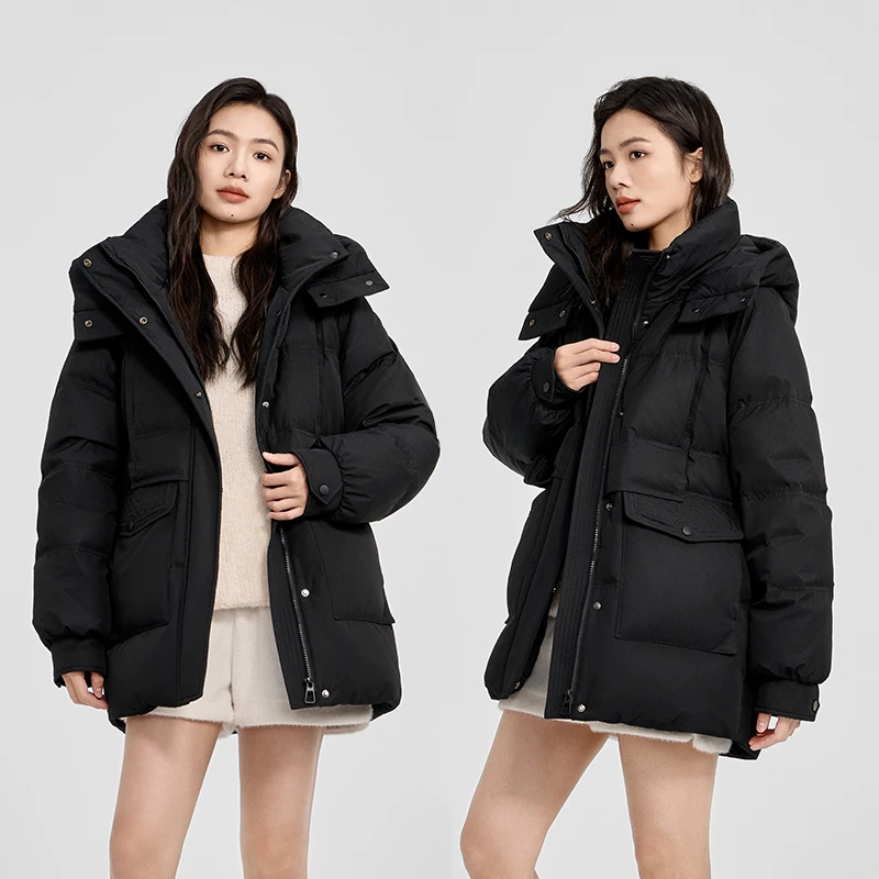 Chericom Women's Down Jacket Stand-up Collar Removable Hood Placket Two-Way Zipper Insert Pockets Warm Winter Outerwear Y308109Y