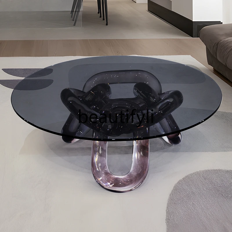 Transparent resin creative lock chain round coffee table art tempered glass edge table