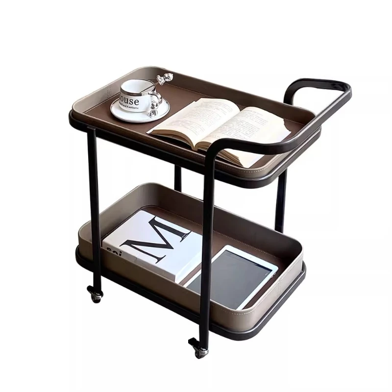 Italian light luxury removable saddle leather sofa edge few trolleys with wheels living room household stainless steel