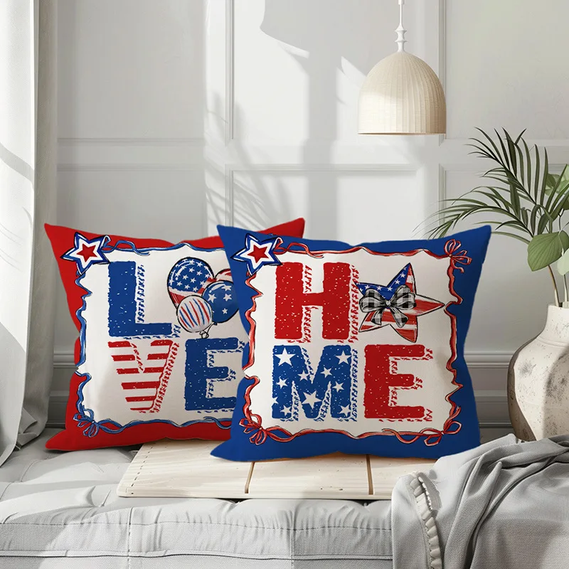 4pcs American Independence Day Pillowcase Printed Flax Pillow Cover Red Blue Letter Decorative Bed Sofa Car Pillow Case 45x45cm