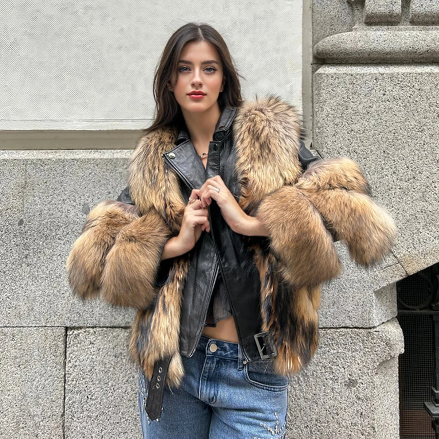 

Women's Genuine Leather Jackets Real Raccoon Fur Coat With Collar Cropped Fur Jacket Luxury New Arrival Natural Racoon Fur Coats