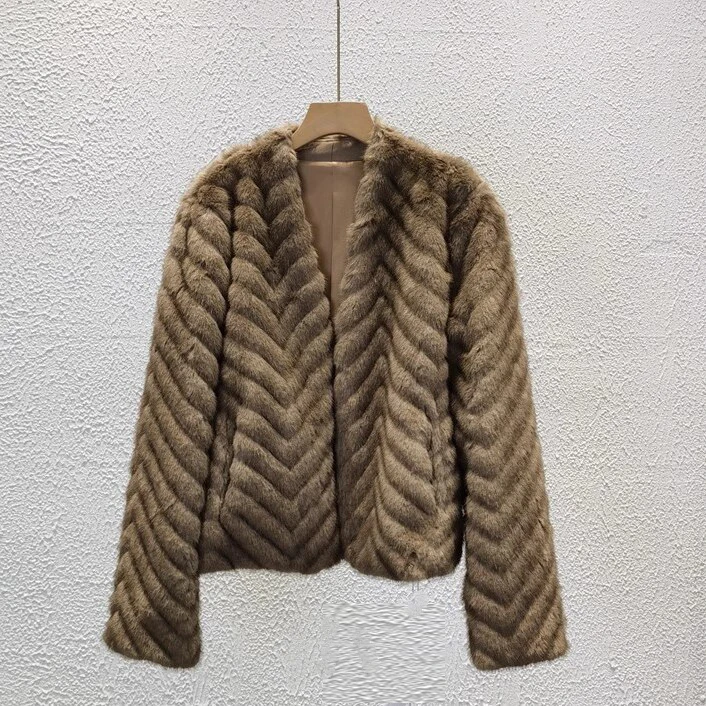 Elegant V Neck Herringbone Short Faux Mink Fur Jacket Women Long Sleeve Plush Jackets Woman Autumn Winter Fluffy Warm Outerwear