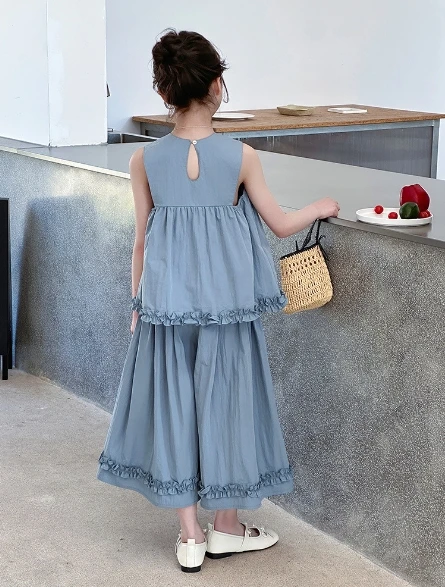 Girls Set 2025 Summer New Childrens Clothes Korean Style Baby Girl Sweet Sleeveless Lace Top Straight Leg Pants Two-piece