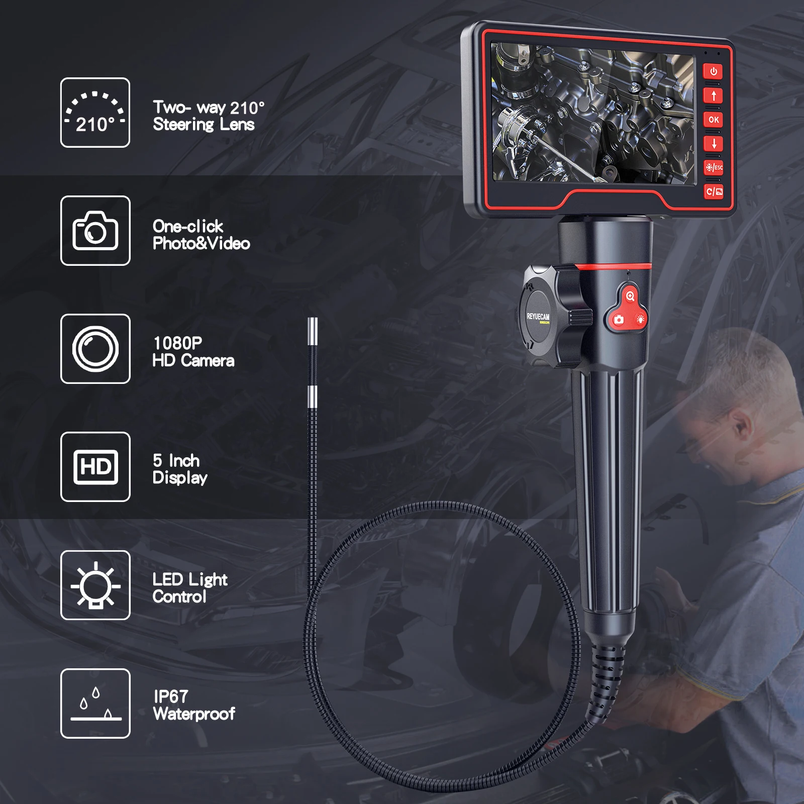 REYUECAM 5.5mm Two-Way 210° Articulating Borescope with 5 \