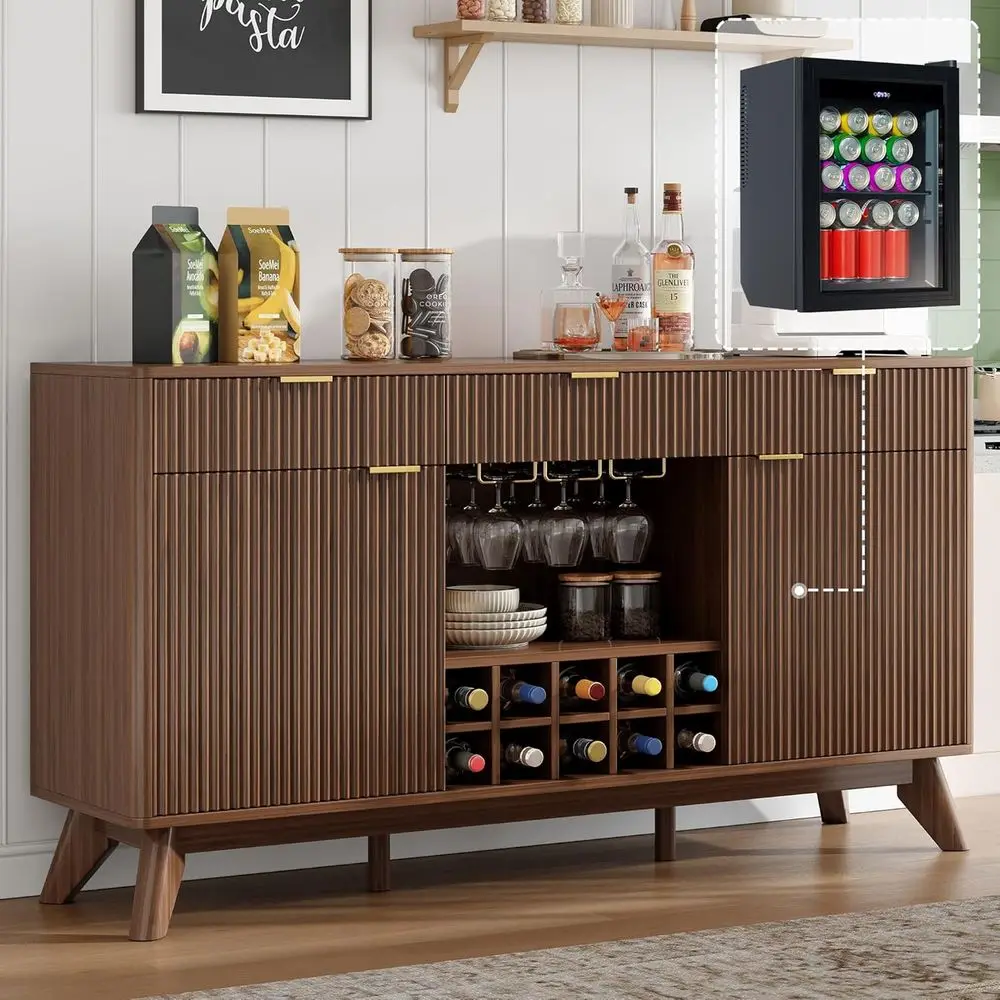 

60 Walnut Coffee Bar Cabinet with Integrated Wine Rack and Glass Holder, Featuring 3 Drawers and Storage