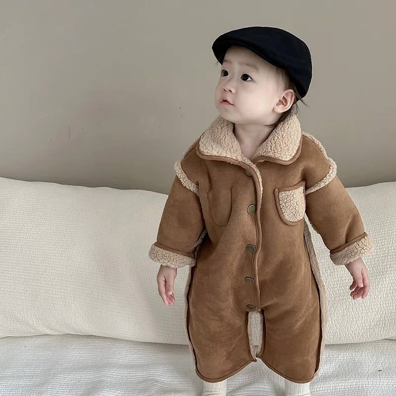 Baby Winter Romper Brown Plush One-Piece Clothes Kids Jumpsuit for Boys Girls Korean Toddler Infant Outfit 0-24M