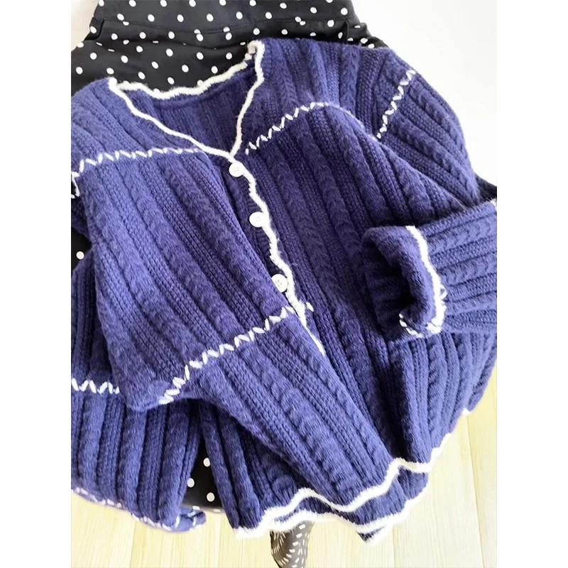 Cárdigan Abierto de Punto con Cuello en V Azul Oscuro Retro para Mujer, Estilo Coreano, Nuevo Estilo Otoño Invierno, Suéter E...