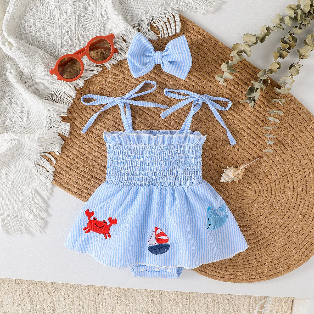 

Baby Girls Summer 2025 Active Sleeveless Crab Embroidery Striped Print Sleeveless Casual Dresses For 0-1Y Clothes+Headband