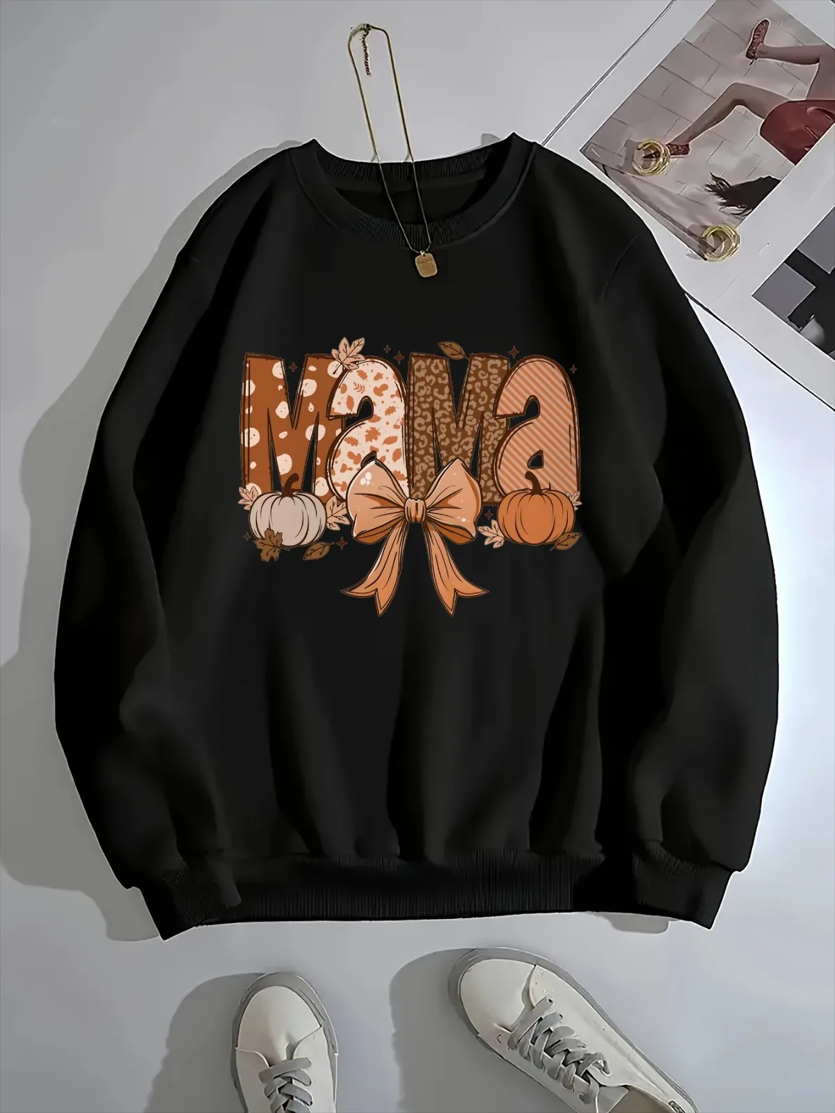 Damen-Kapuzenpullover, lässig, modisch, mit Kürbis-Schleifenmuster, bedruckt, bequem, Rundhalspullover, geeignet für Urlaubsgeschenk-Kleidung