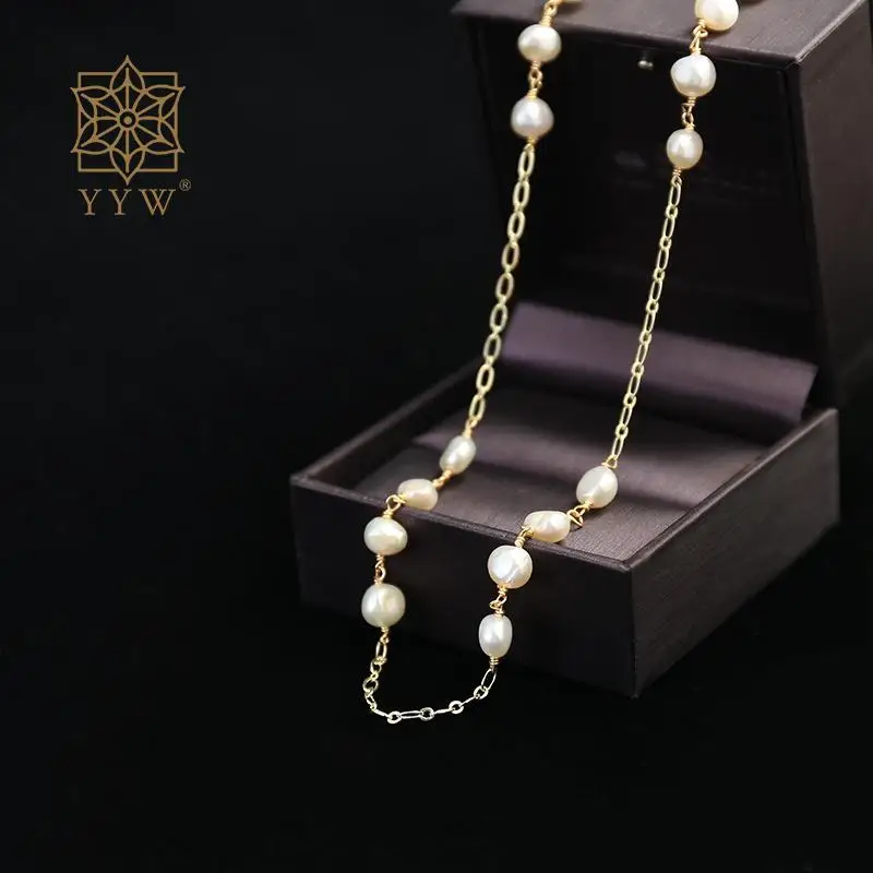 Freshwater Pearl Sweater 89 Cm Chain Necklace Brass For Woman Gold Color Plated Fashion Luxury Cloths Jewelry Accessories 2023