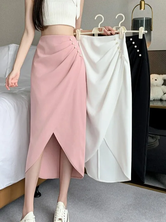 

Асимметричная женская юбка с разрезом, розовая, приталенная, с завышенной талией, длинная, весна-лето, новинка