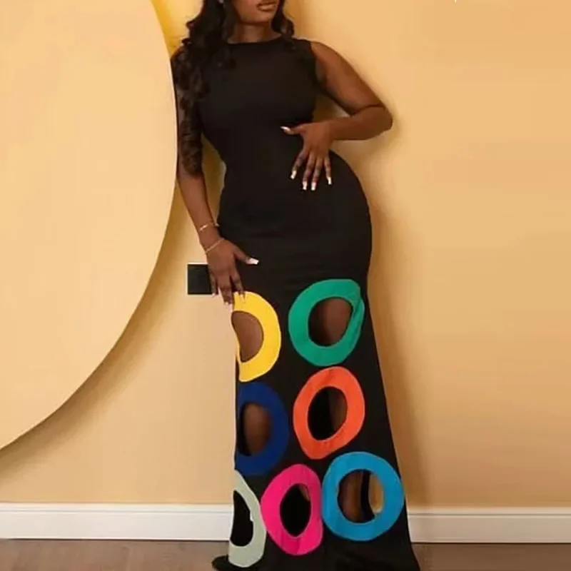 Сексуальное полое лоскутное красочное длинное платье в горошек, элегантное женское вечернее платье трапециевидной формы с круглым вырезом, весна-лето, платье макси без рукавов Сексуальное полое лоскутное красочное длинное платье в горошек, элегантное женское вечернее платье трапециевидной формы с круглым вырезом, весна-лето, платье макси без рукавов