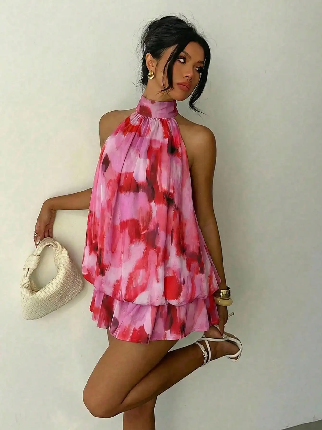 

Women's Pink Brushstroke Halter Neck Backless Mini Dress with Ruffles
