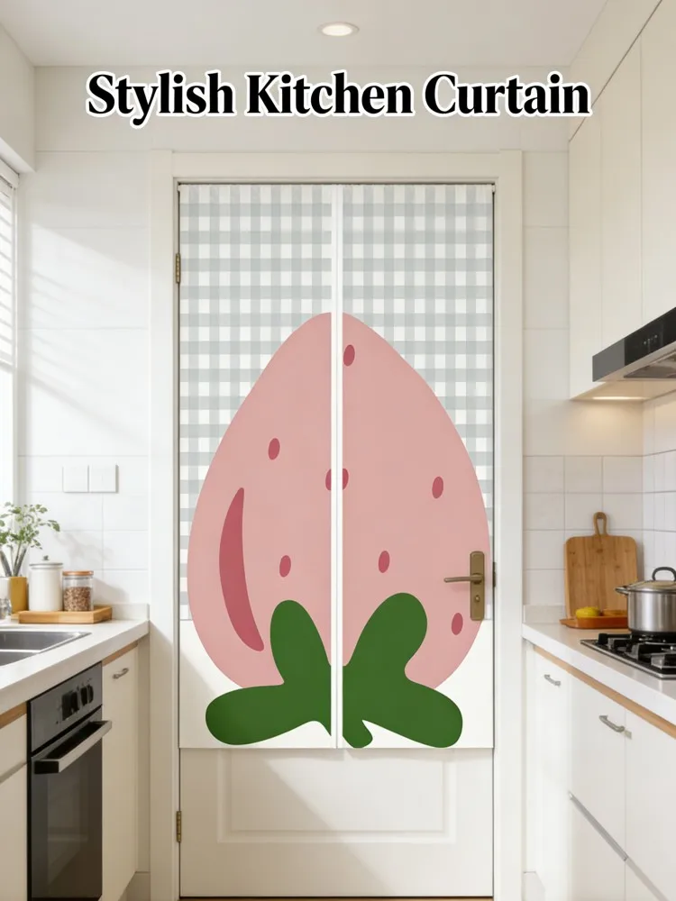 Cute Strawberry Checkered Door Curtain | Pink Fruit Print | Privacy Drape for Kitchen & Bathroom