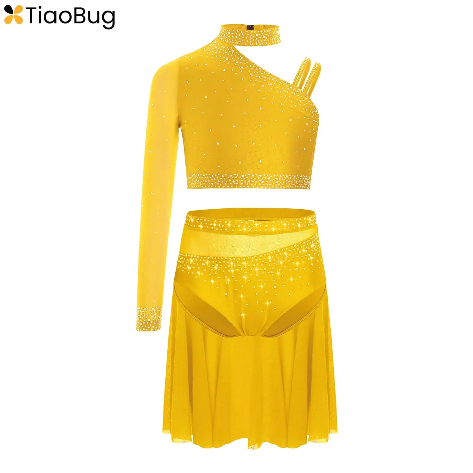 

Kids Girls Lyrical Dance Outfit Shiny Rhinestones One Shoulder Crop Top + Sheer Mesh Skirt Figure Skating Gymnastics Dance Dress