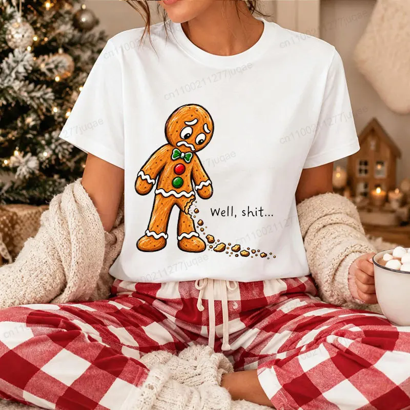 Christmas Novelty T‑Shirt Women Well Shit Gingerbread Man Print Short Sleeve Tee Funny Xmas Holiday Party Gift for Men Women