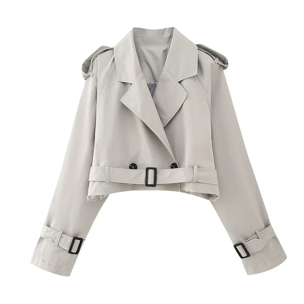 Women Cropped Blazers Jackets Autumn Elegant Vintage Solid Color Long Sleeve Double Breasted Trench Coat With Belt