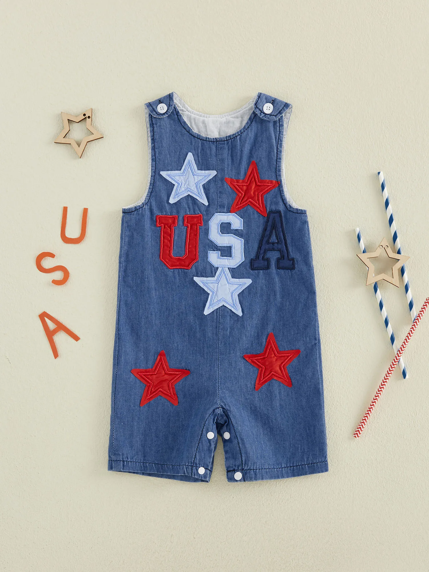 

Toddler Denim Romper Patriotic American Flag Print Sleeveless Jumpsuit Independence Day Baby Outfit for Summer