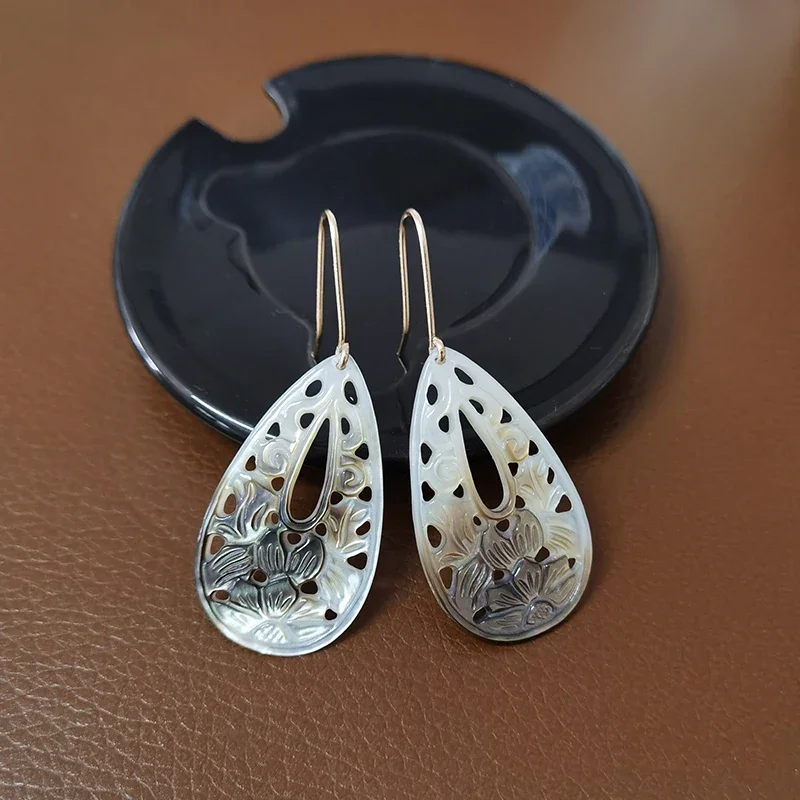 1pair Natural Black Shell Hollow Out Carved Flower Long Tear Drop Mother of Pearl Fine Hook MOP Banquet Paty Jewelry Dangles view 2