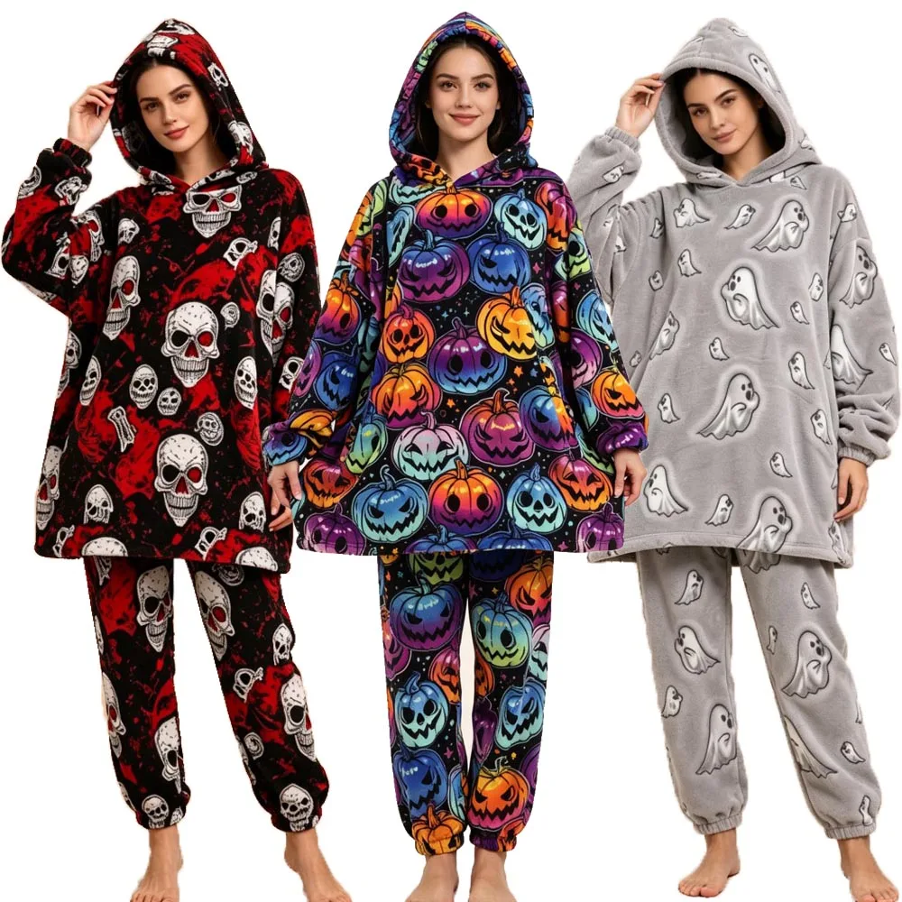 女性用ルームウェアセット、ハロウィーン、オーバーサイズ、ブランケット風パーカーとパンツ、カボチャ柄パジャマ、黄色と赤、男性用パジャマ、サーマルフリース、ふわふわパジャマ。