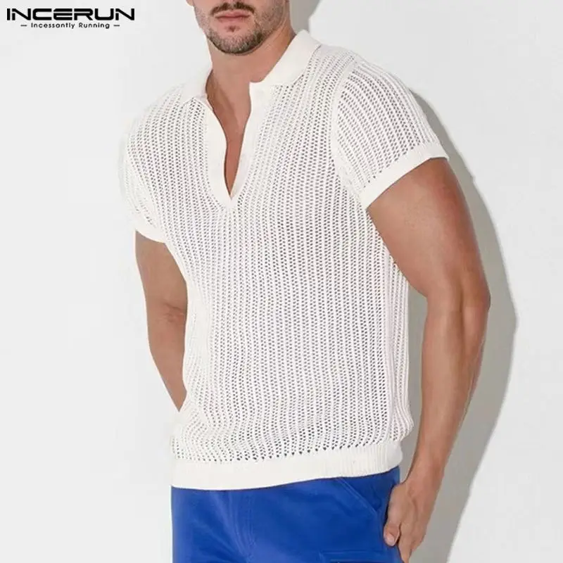 2024 Men Shirt Lapel Short Sleeve Mesh Transparent Sexy Streetwear Fashion Men Clothing Solid Color Casual Shirts S-5XL INCERUN