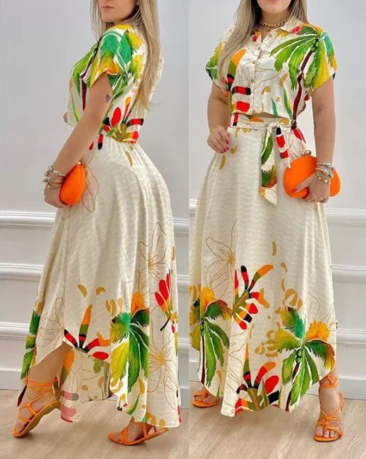 Tropical Print Skirt Suit Woman 2024 Summer New Fashion Bohemian Style Casual Elegant Button Down Crop Top & Skirt Set Clothes