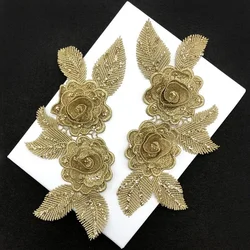 1Pairs Gold Flash Powder 3D fiore colletto in pizzo scollatura in tessuto fai-da-te ricamo materiale artigianale abbigliamento abito accessori per il cucito