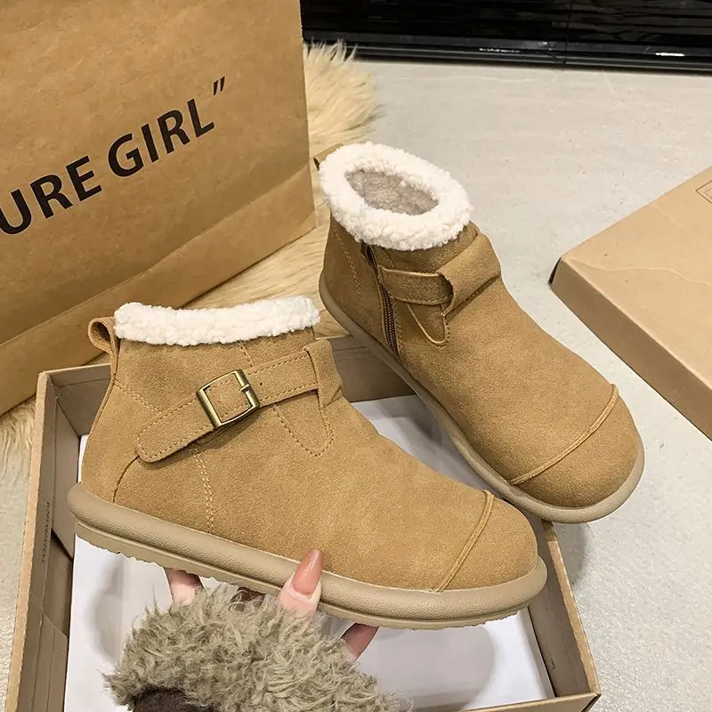 

Retro Flat Bottom Snow Boots Women's Casual Fleece Lined Short Boots Winter Warm Rubber Outsole Ultra-Fiber Leather