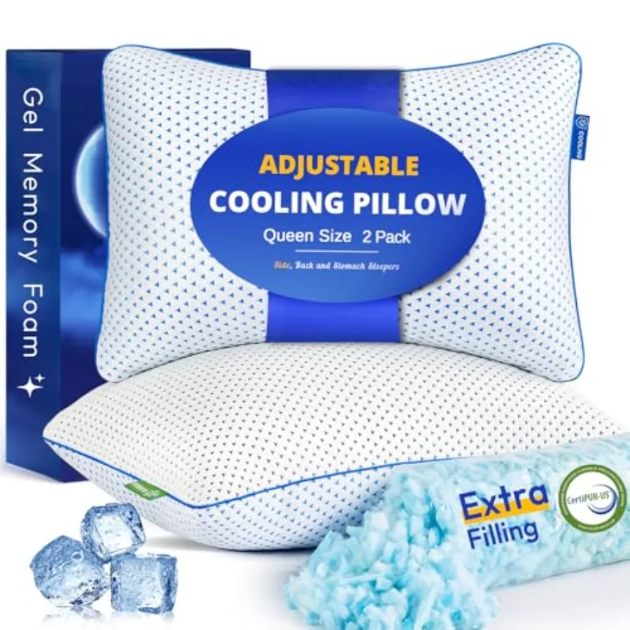 

Cooling Gel Memory Foam Pillows Queen Size Set of 2 for Sleeping, Bamboo Rayon Adjustable Firm Shredded Foam Cool Bed Pillows 2