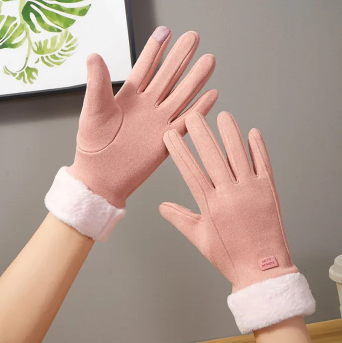 Women Winter Suede Gloves with Furry Cuff, Fleece Lined Touch Screen Warm Gloves for Cycling Ski