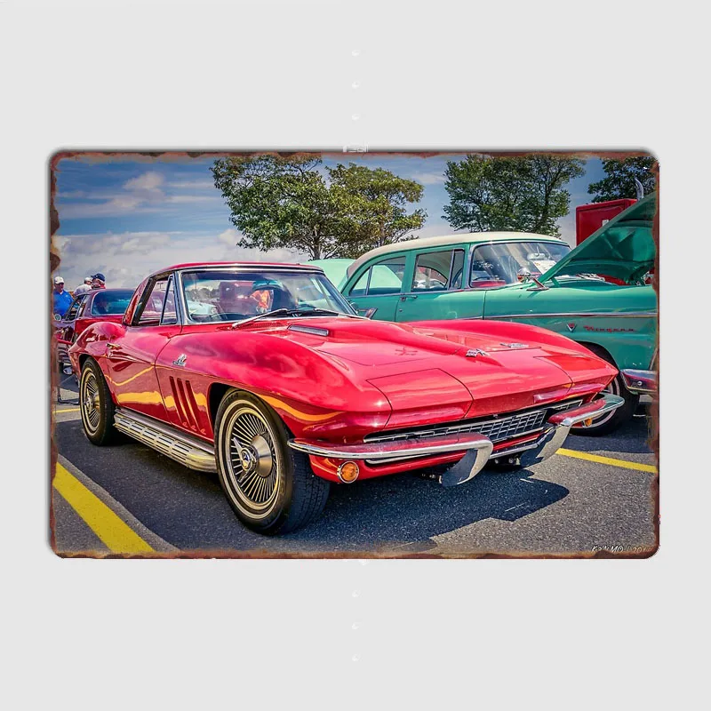 Red C2 Corvette Stingray Classic Sport Car Metal Sign Poster Garage Car Decoration Room Decor Automobile Club Tin Home Decor