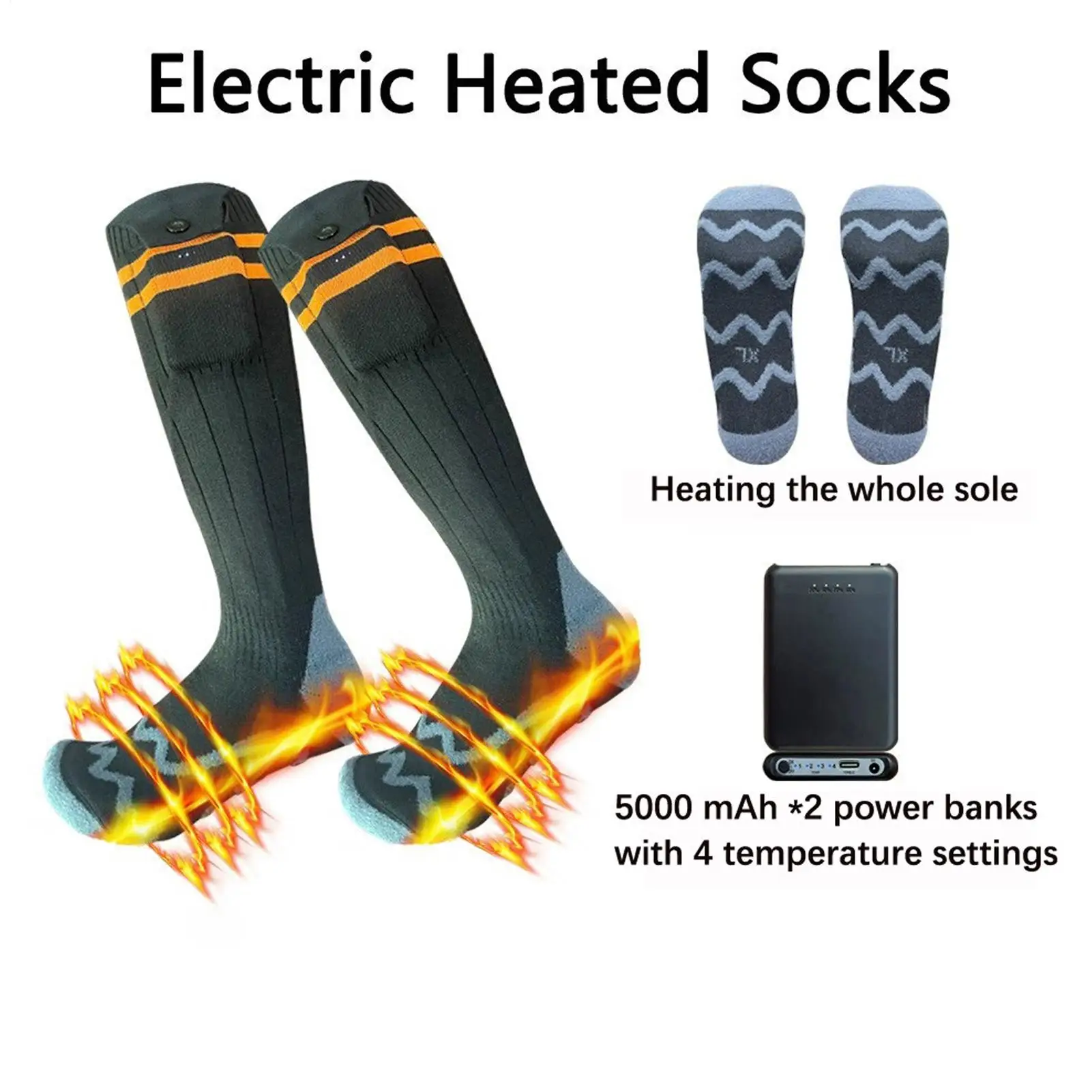 ถุงเท้าอุ่นแบบชาร์จไฟได้ 4 ระดับอุณหภูมิเครื่องอุ่นเท้าแบบใช้แบตเตอรี่สำหรับเล่นสกีเดินป่ากีฬาฤดูหนาวสภาพอากาศหนาวเย็น