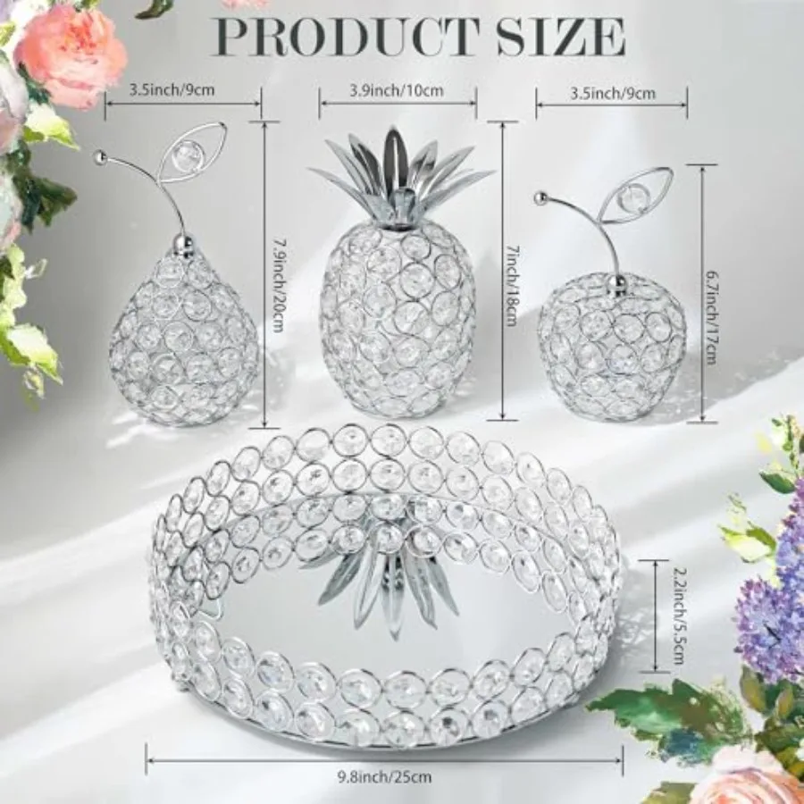 Elegant Decorative Trays and Crystal Fruit 4pcs Set, Crystal Tea Light Holder - Wedding Centerpieces for Holidays, Home Table D