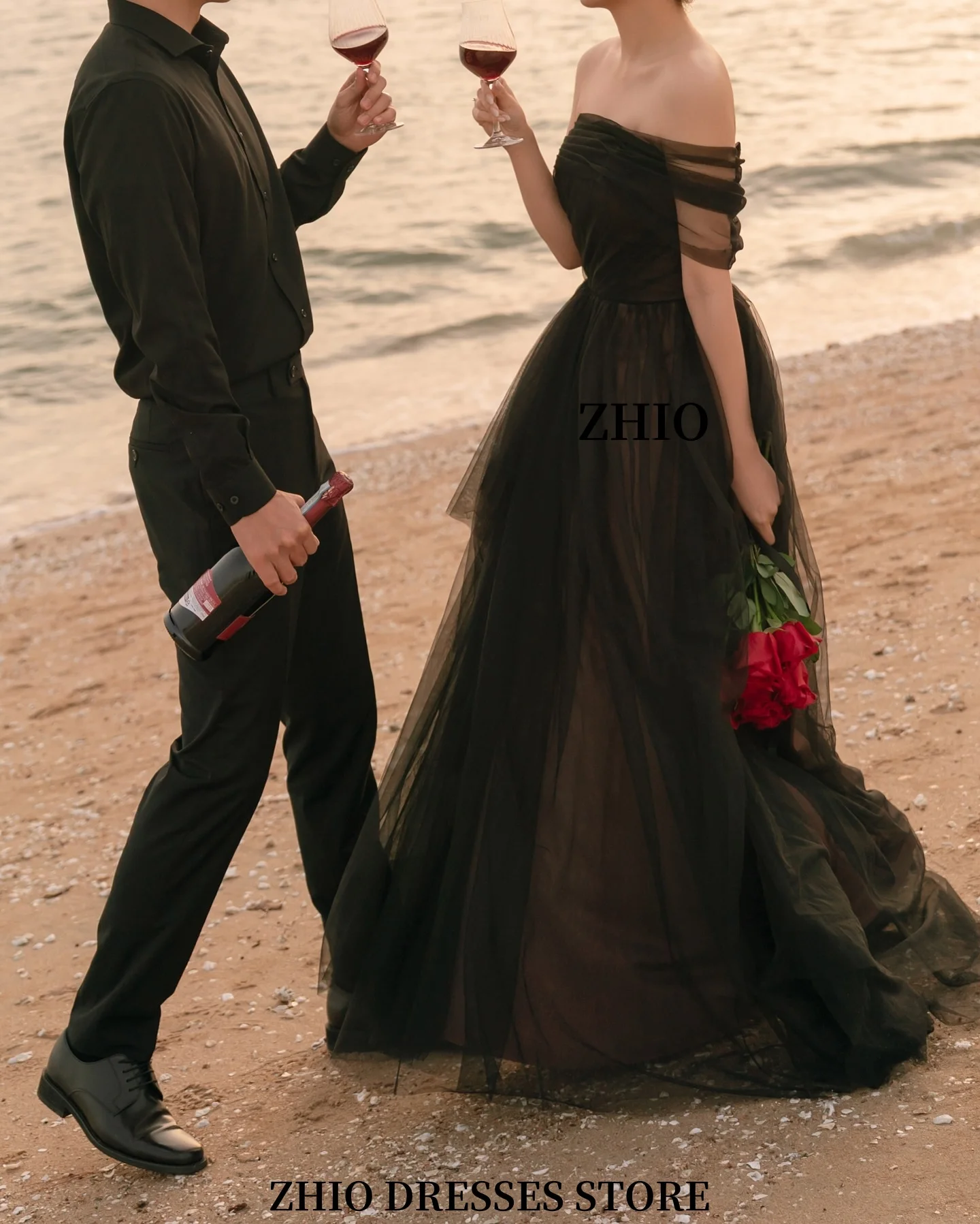 ZHIO رومانسية الشاطئ الدانتيل الأسود الزفاف صورة تبادل لاطلاق النار تول ألف خط حمالة الكورية عطلة في الهواء الطلق تنورة طويلة مخصصة