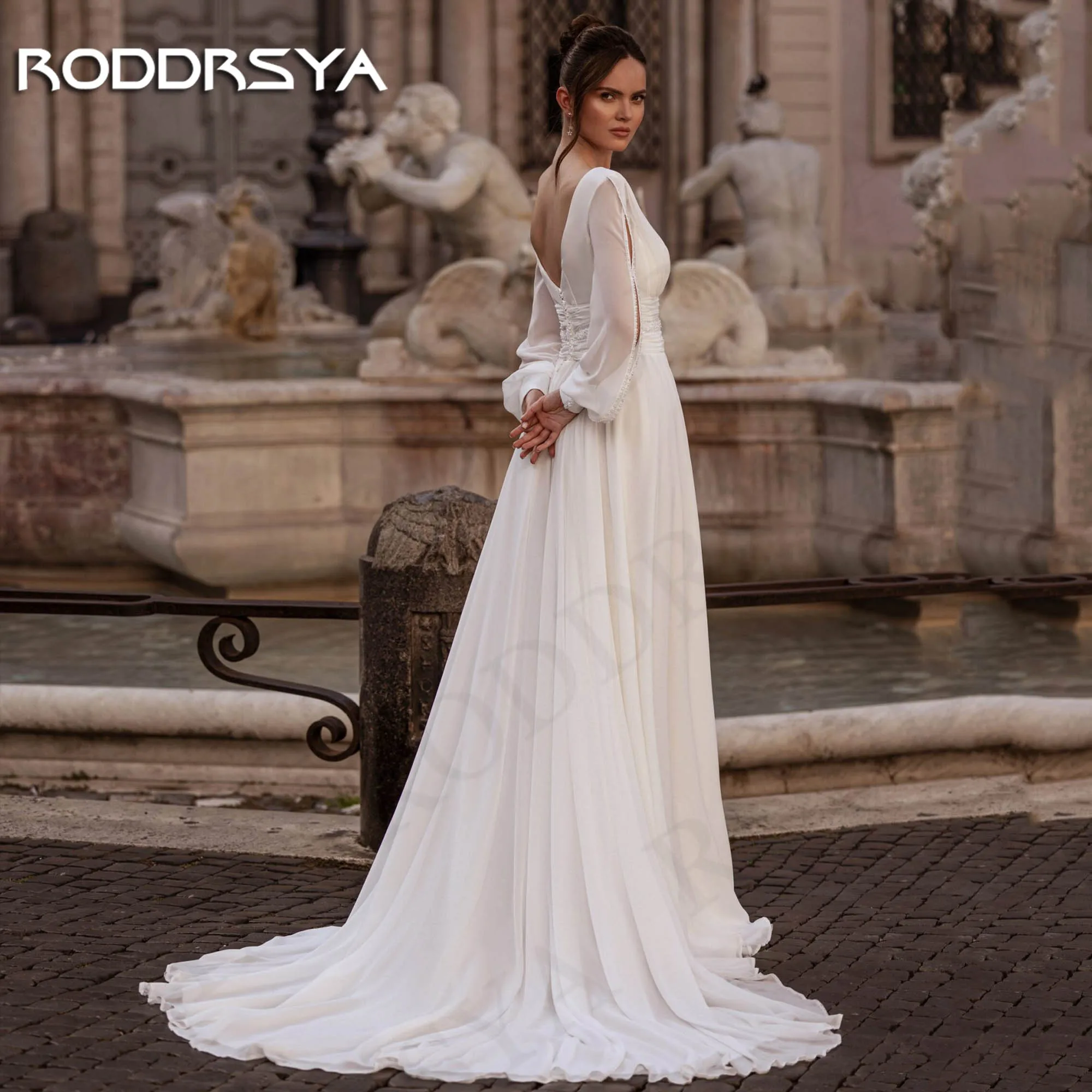 RODDRSYA abiti da sposa Vintage in Chiffon civile maniche lunghe a sbuffo Boho scollo a V perline abito da sposa Split Abiti da sposa vintage in chiffon con maniche a sbuffo  Boho V collo bordatura abito da sposa spacc