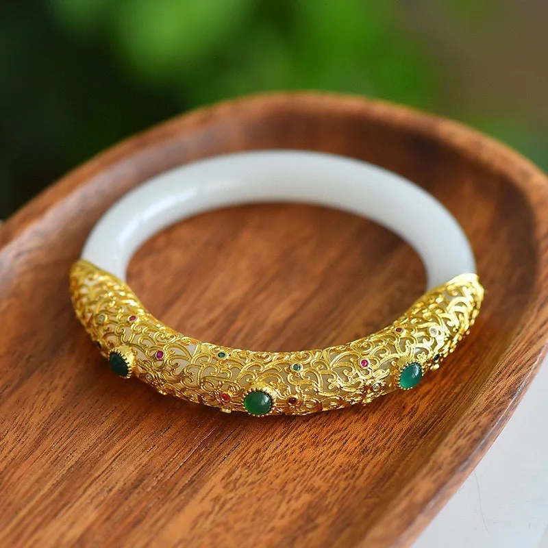 Ancient inlaid filigree bracelet natural gold silk jade Guochao hollowed out retro fashion bracelet