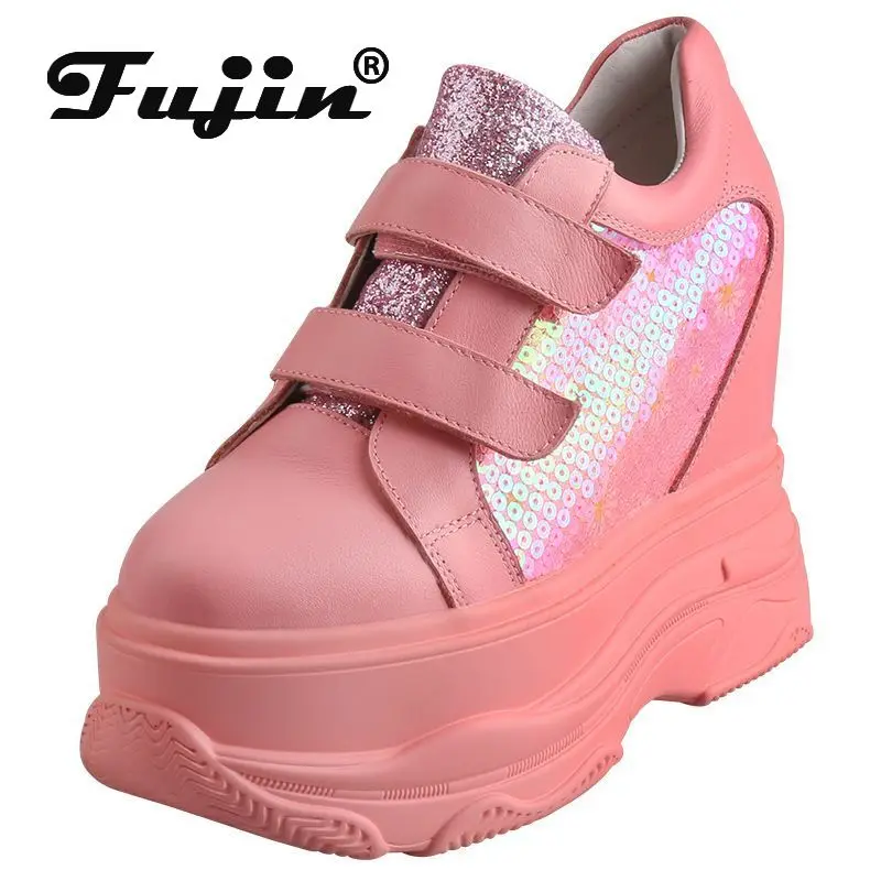 Fujin 13cm Cow Genuine Leaather Synthetic Platform Wedge High Heels Hook Bling Women Pumps Summer Slippers Chunky Sneaker Shoes