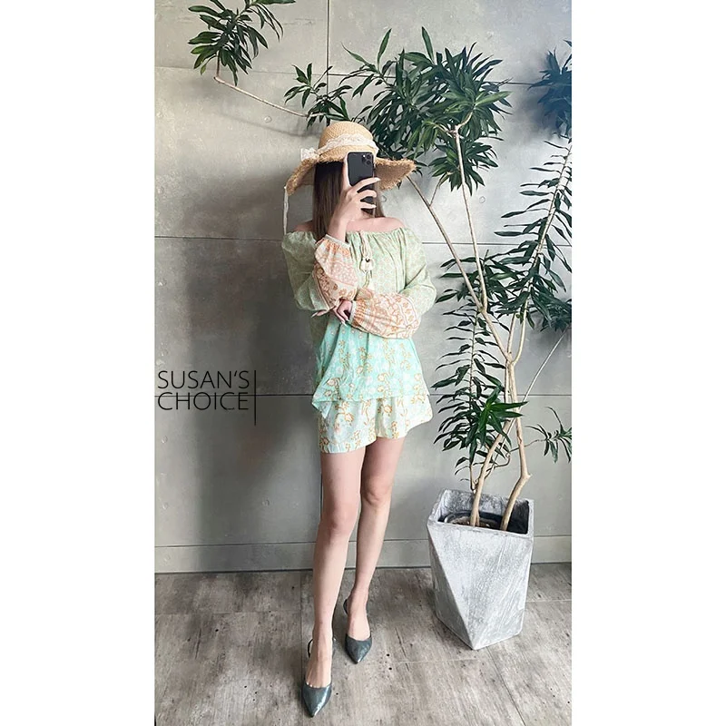 Susan Holiday Sle ey a Print One Oulder Lantern Sve Top Orts Set Damen Faionable Zweiteilige Frühlingskollektion