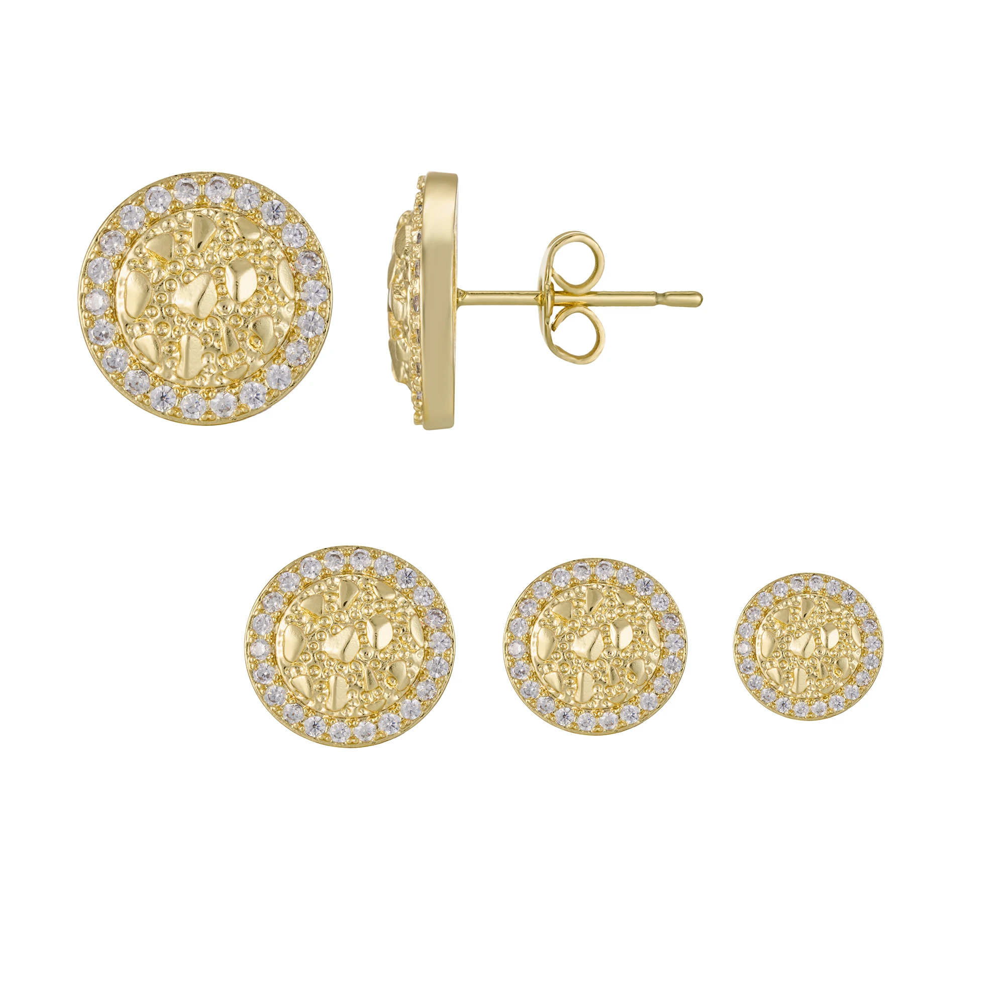 

10-14mm Unisex Hip Hop round CZ Stud Nugget Earrings 14K Gold Plated Crystal Stone Cubic Zirconia Nugget Style for Men And Women