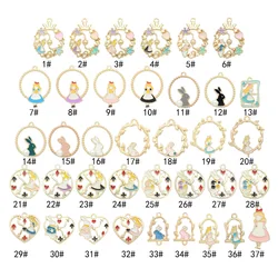 10pcs Handmade Diy Alice In Wonderland Charms, Poker Playing Card Clock Bunny Rabbit Pendants Round Enamel Earrings Accessories