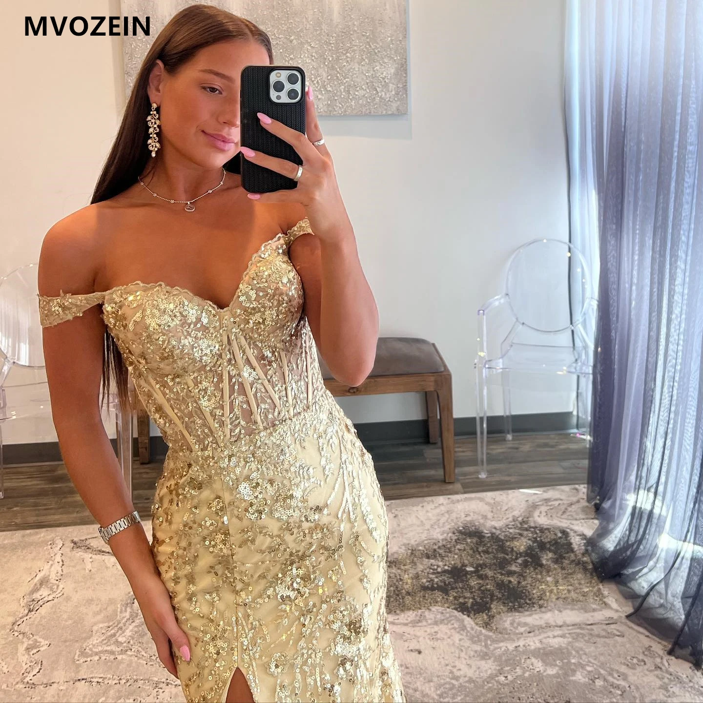 Off the Shoulder Prom Dress Mermaid Sequin Lace Gold Evening Dresses Long Formal Occasion Dresses Sexy Split Party Dresses