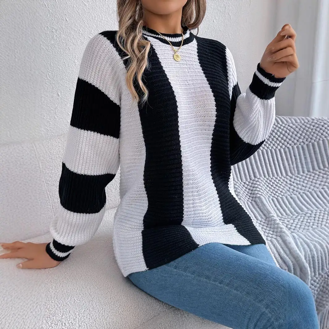 Casual Stripe Long Sve Overhead Sweater Autumn Winter Women's Faion Cross-Border Lantern Sve Knitwear Comfortable Fit
