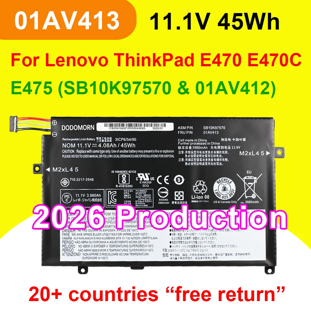 01AV413 For ThinkPad E470 E470C E475 Series Compatible with 01AV411 01AV412 SB10K97569 SB10K97570 11.1V 45Wh Laptop Battery OEM