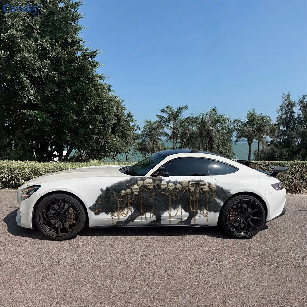2pcs Beast With Chains Multiple Skulls Car Side Wraps, Self-Adhesive PVC Waterproof & Scratch-Resistant Stickers, Car Accessory