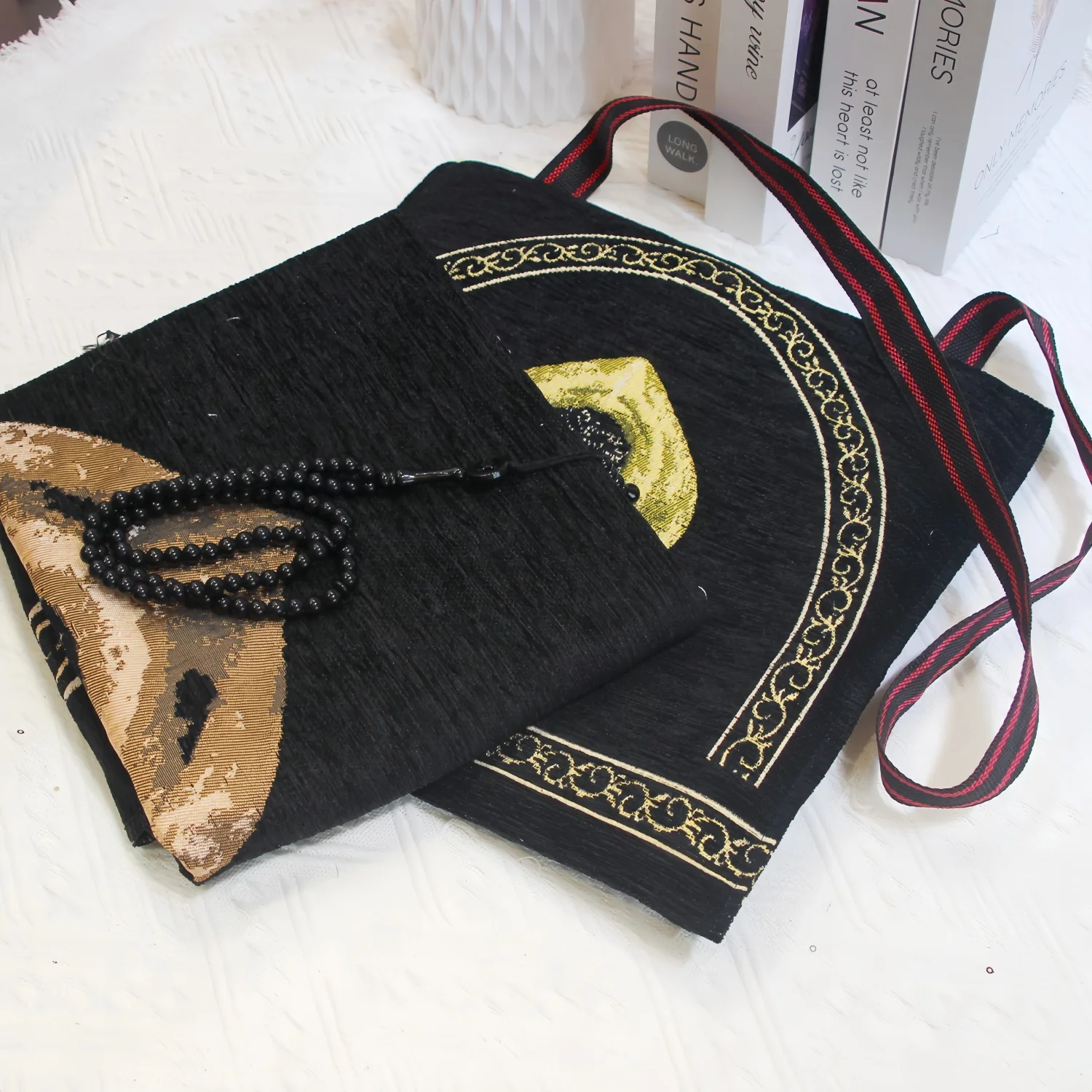 Black Chenille Muslim Prayer Mat 3-Piece Set | Islamic Sajadah Rug with Tasbih Beads & Matching Chenille Carry Bag for Ramadan E