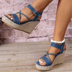 FHC 2024 New Denim Wedges Sandals,Women High Heels Summer Shoes,Cross Straps,Ankle Buckle,Thick Bottom,Blue,36-42,Dropship